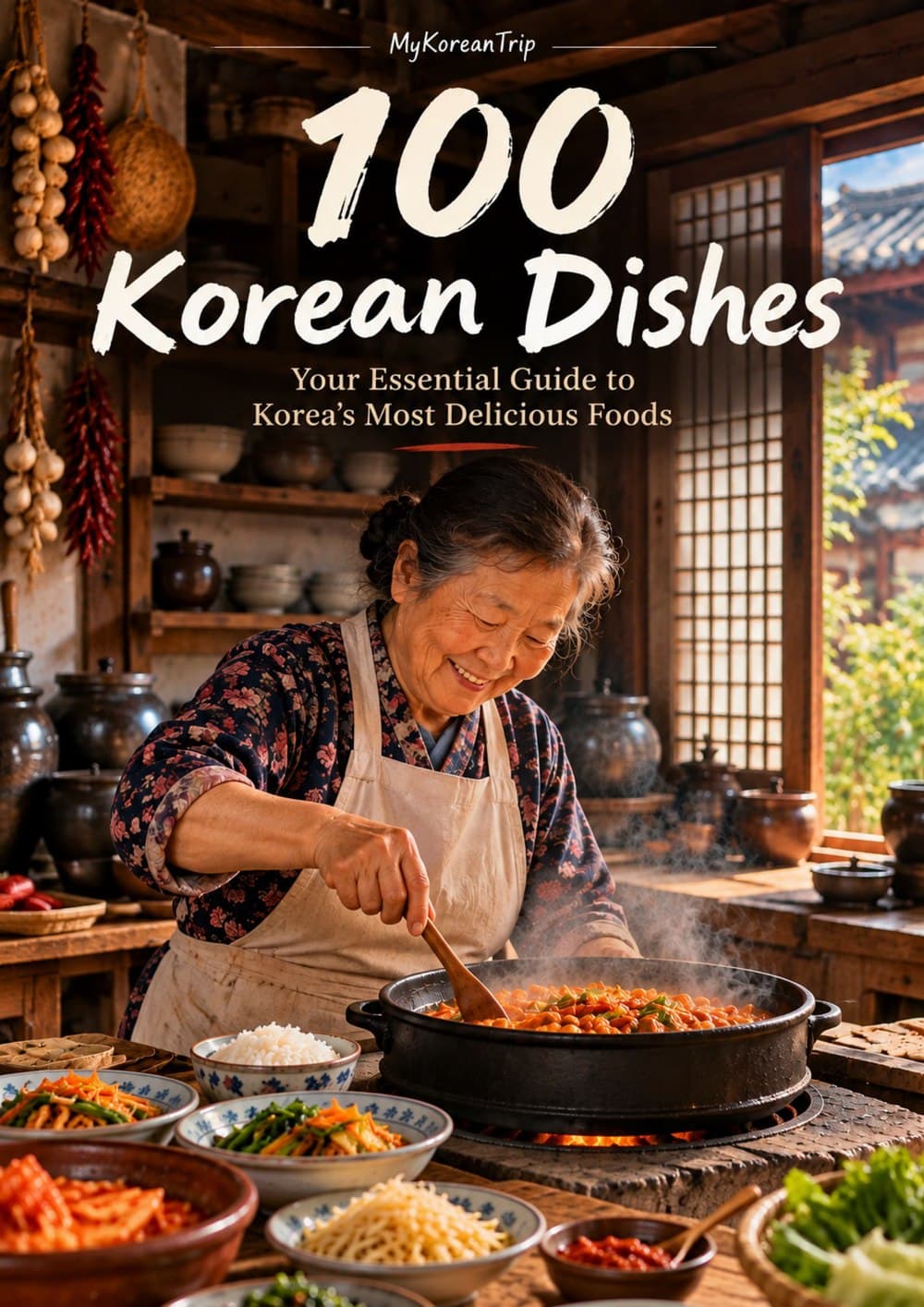 Cover of The 100 Korean Foods Cookbook: a cook at a stew pot in a hanok kitchen, chillies and garlic hanging behind her