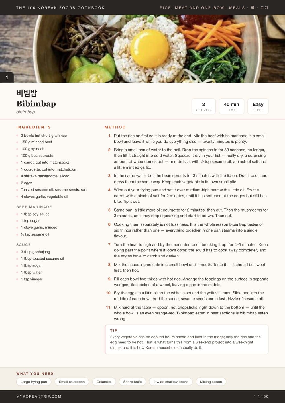 The bibimbap page: the dish photographed, the Hangul and English names, serves, time and difficulty, the full ingredient list and the method step by step