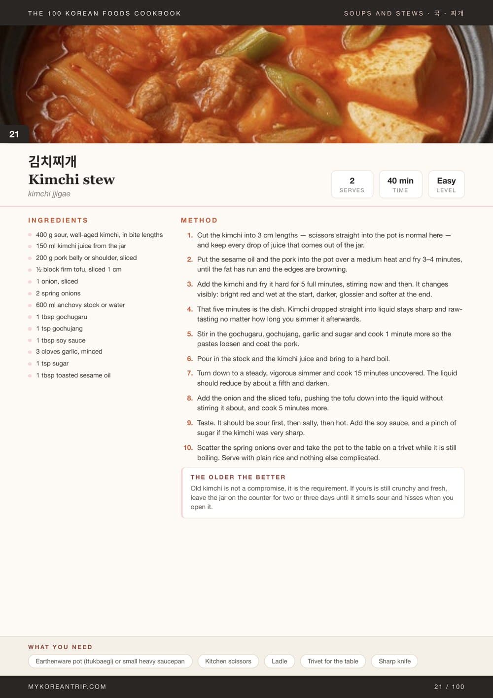 The kimchi stew page, with a note explaining why the kimchi has to be sour rather than fresh