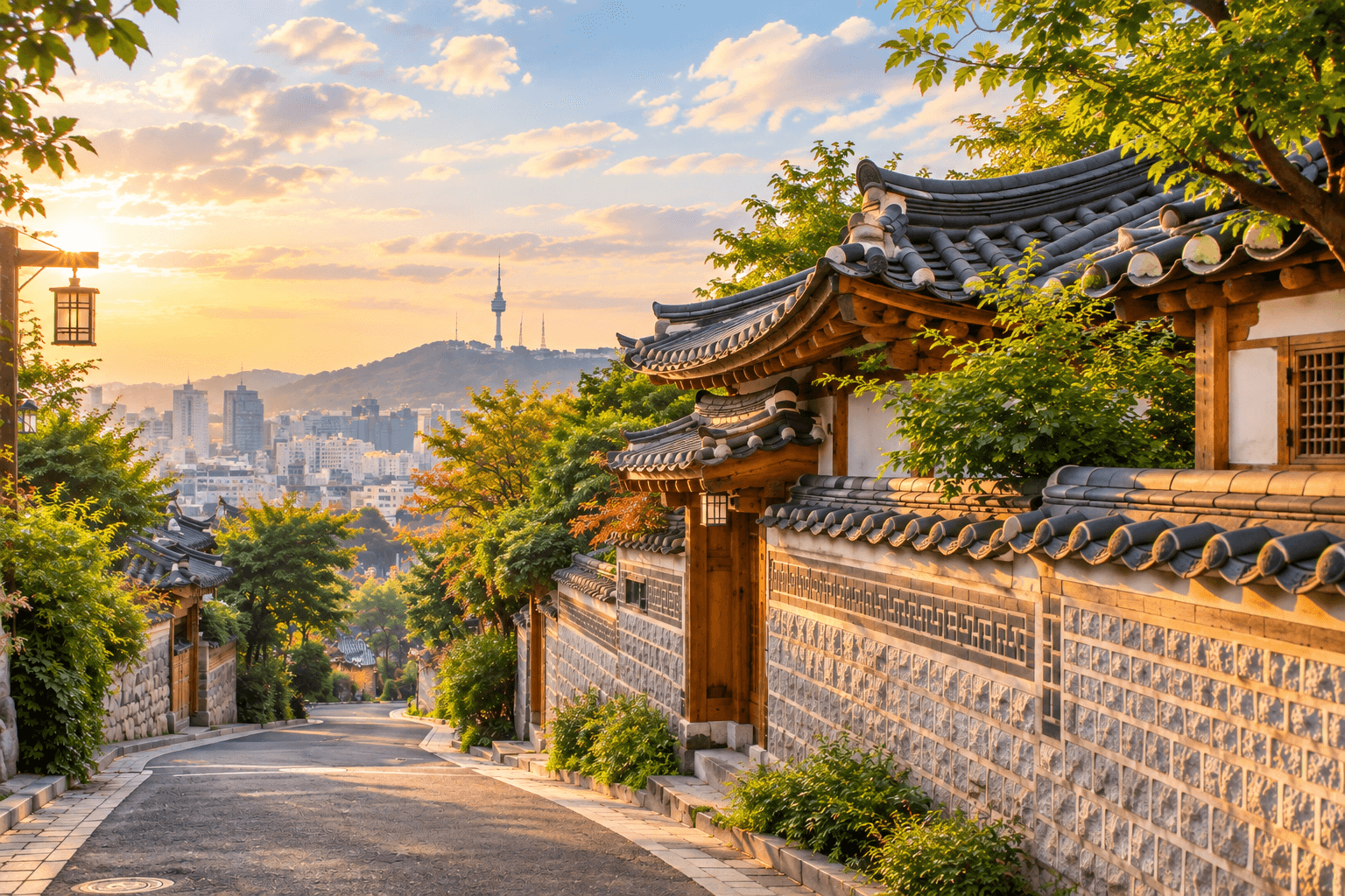 A quiet hanok-lined street in Bukchon, Seoul, at sunset with N Seoul Tower in the distance