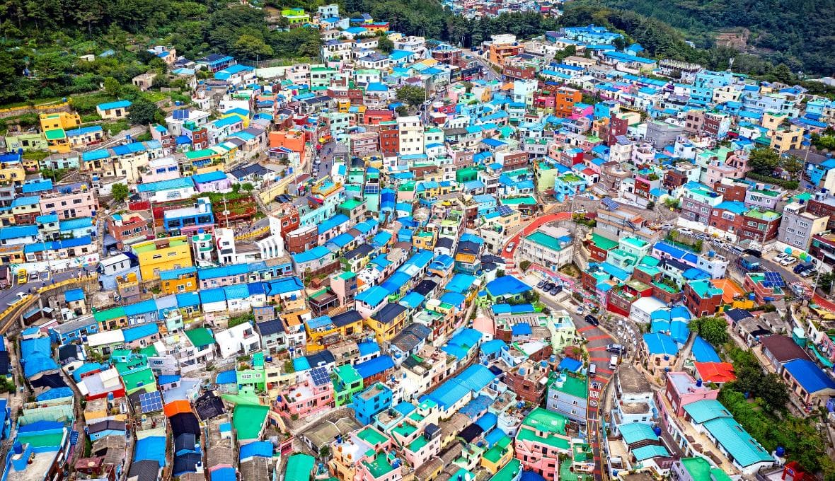 Aerial view of the colourful hillside houses of Gamcheon Culture Village, Busan