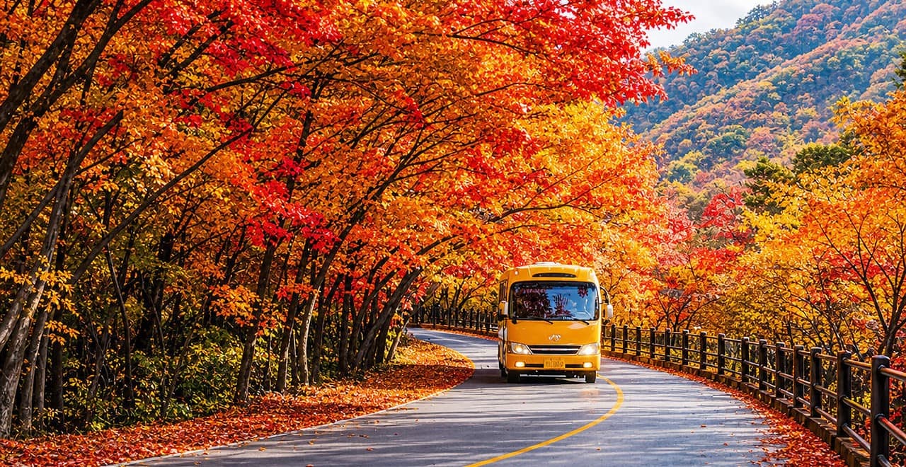 A yellow tour bus on a mountain road tunnelled by red and orange autumn foliage