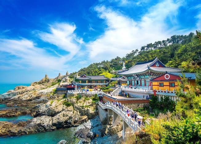 Haedong Yonggungsa temple on the coast of Busan, seen from the bridge leading to it