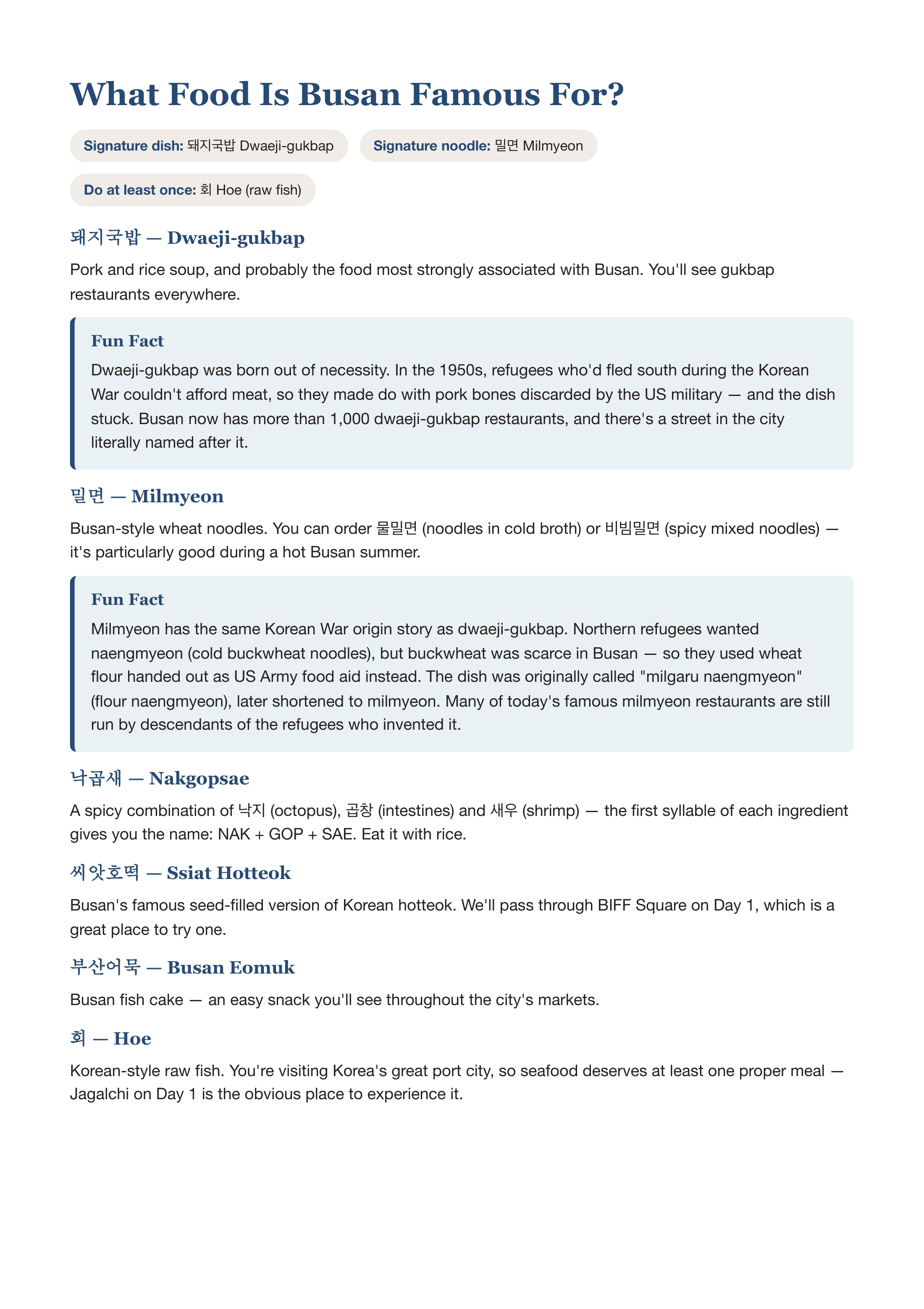 Sample page from the Busan in 3 Days itinerary, breaking down every signature Busan dish