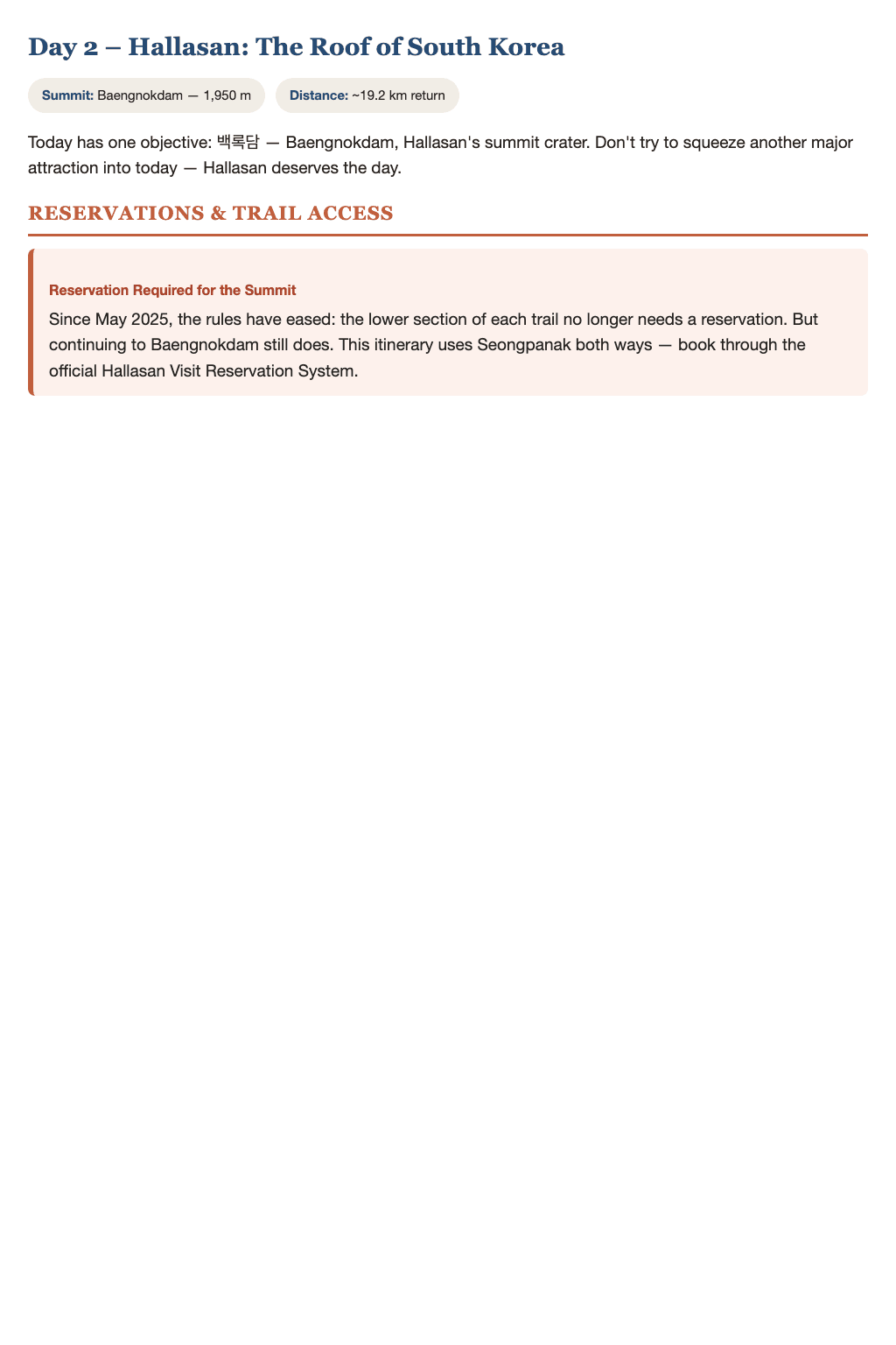 Sample page from Day 2, Hallasan, showing the current summit reservation rules in a warning box
