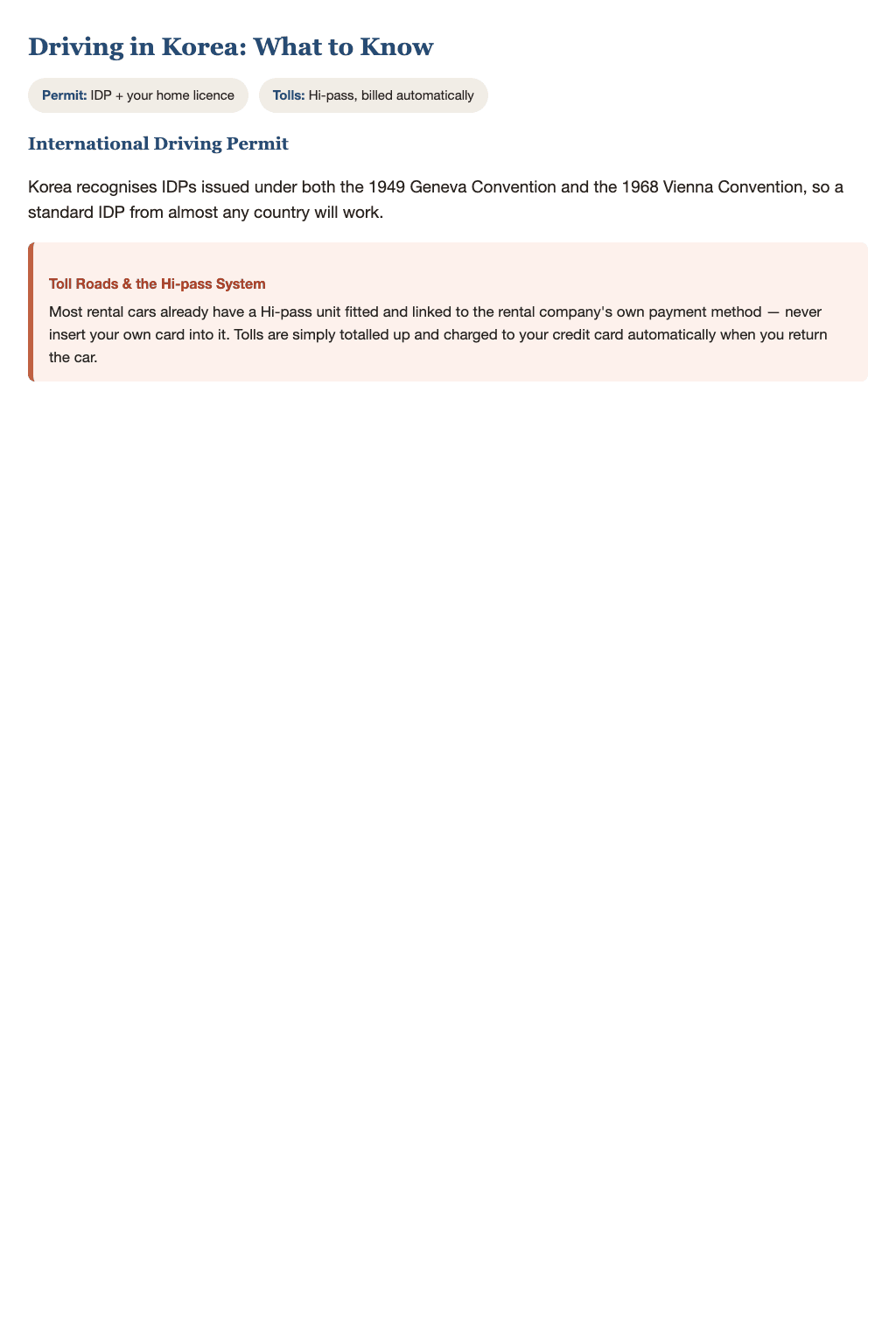 Sample page explaining International Driving Permit rules and the Hi-pass toll road system for rental cars