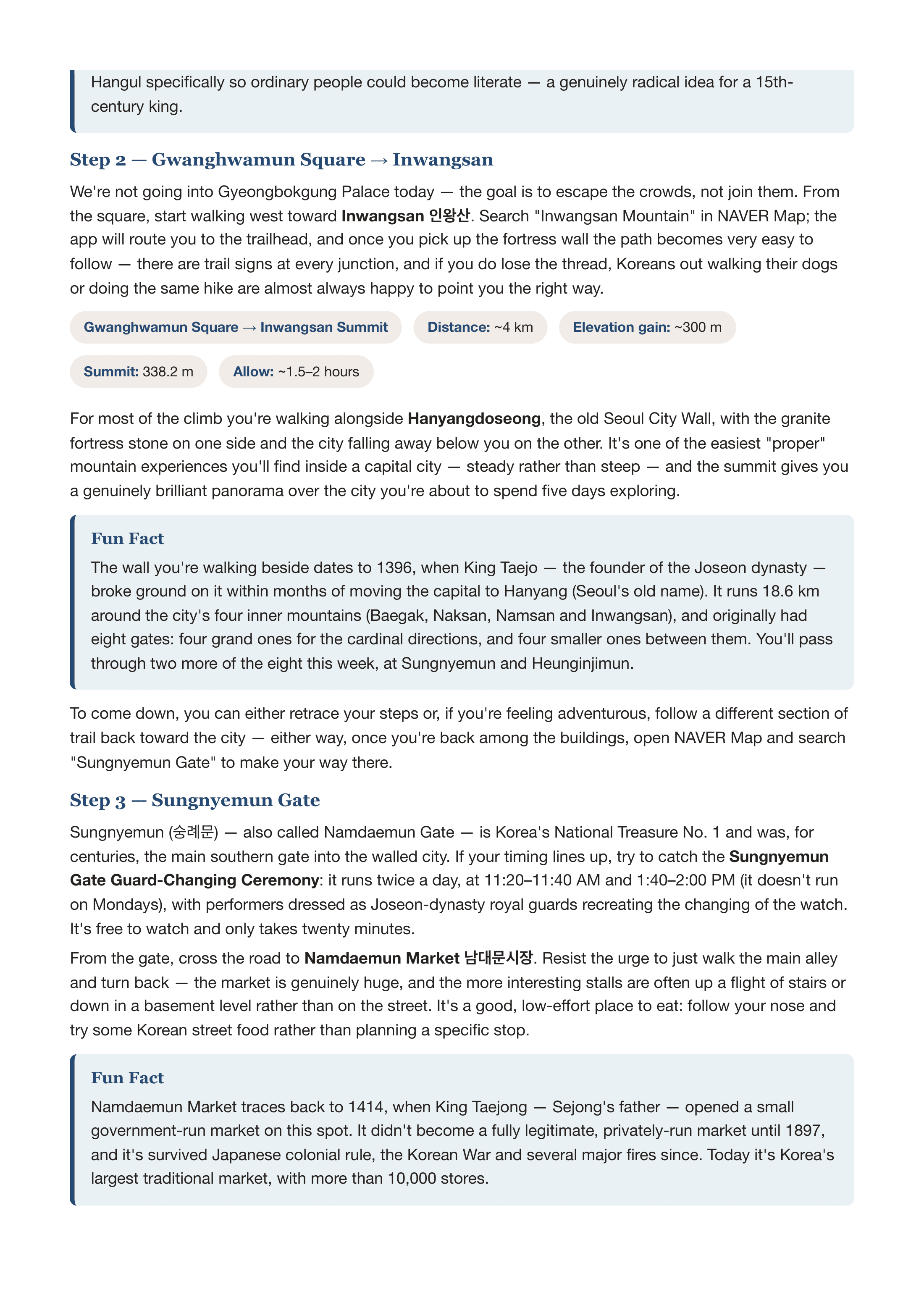 Sample page from the Seoul Like a Local itinerary, walking the old city wall to Namdaemun Market