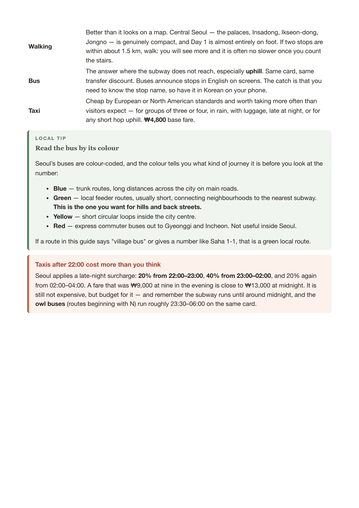 Sample page showing how local recommendations are marked in green throughout the guide, with the Hwangso Gojip charcoal-grill restaurant and the Jongno 3-ga evening