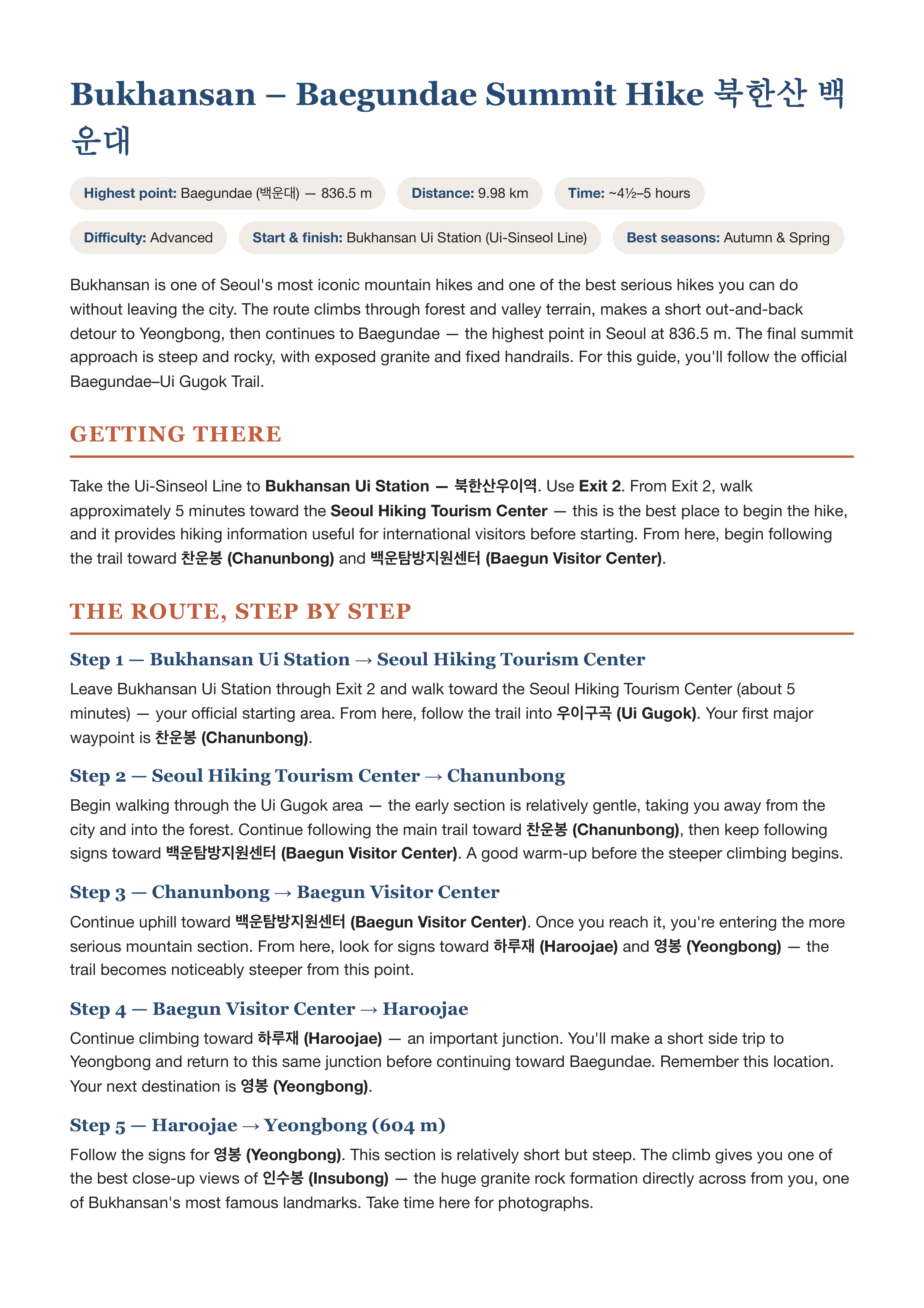 Sample route-map page from the Top 15 Hikes in South Korea guide, showing the full Bukhansan Baegundae summit trail