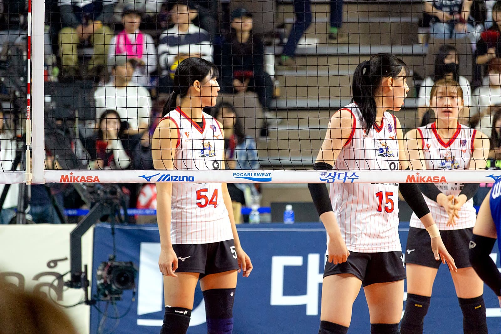 A Korean volleyball match in progress in an indoor arena, players at the net