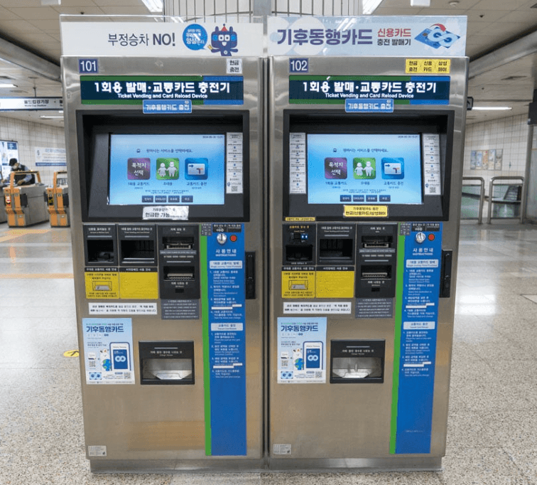 Two ticket vending and card reload machines in a Seoul subway station, labelled Ticket Vending and Card Reload Device in Korean and English